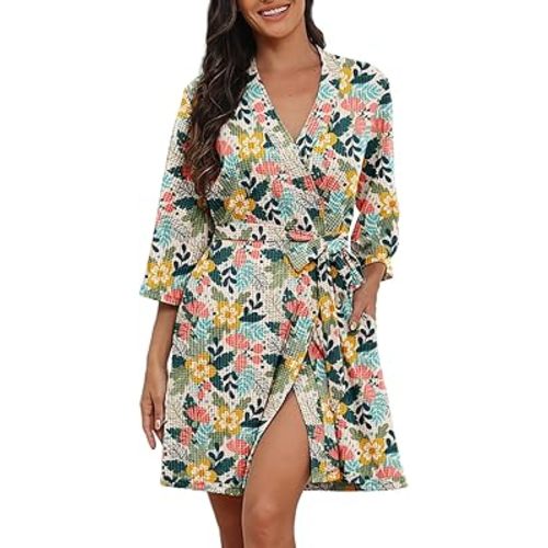 PrinStory Womens Robe Waffle Robes for Women Soft Bathrobe Lightweight Knee Length Loungewear