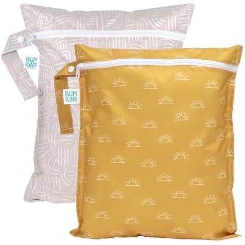 Bumkins Waterproof Wet Bag for Baby, Travel, Swim Suit, Cloth Diapers, Pump Parts, Pool, Gym, Toiletry, Strap to Stroller, Daycare, Zip Reusable Bag, Wetdry Packing Pouch, 2-pk