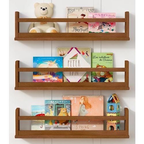 Floating Nursery Book Shelves Wall Mounted, Wooden Wall Bookshelf for Kids Room, Dark Wood Hanging Book Shelf for Baby Toddler Childrens Bedroom (24 Inch, Walnut Brown, Set of 3)