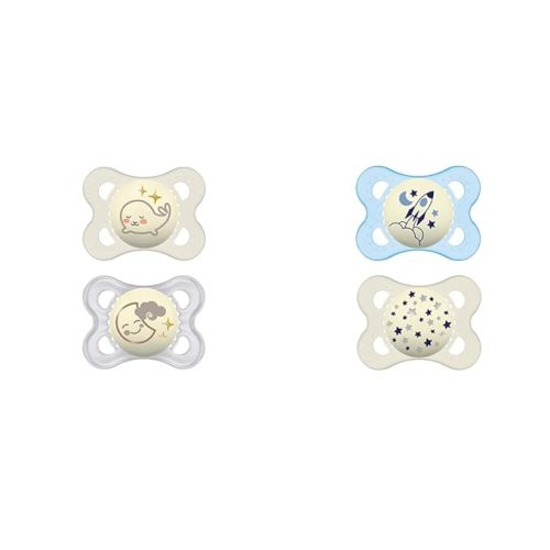 MAM Night Pacifiers with Glow-in-Dark Buttons, 0-6 Months, Breastfed Baby Pacifiers, Unisex, includes Sterilizing Case and 2 Pacifiers