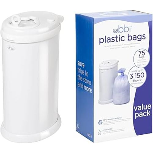 Ubbi Steel Odor Locking & Disposable Diaper Pail Plastic Bags, Value Pack, 75 Count, 13-Gallon Bags