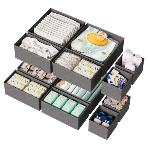 Drawer Organizer for Baby Clothes, Linen Fabric Nursery Organizer for Baby Diaper, Collapsible Deep Fabric Drawer Organizer with Zipper for Socks, Bra, Towels, Ties
