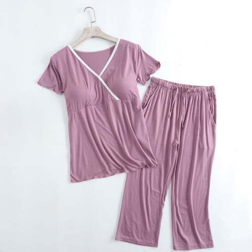 Joau Women's Postpartum Nursing Pajamas Set 2 Piece Maternity Outfits Short Sleeve V Neck Top & Cropped Pants Breastfeeding Pjs Sleepwear Pregnancy Loungewear Sets