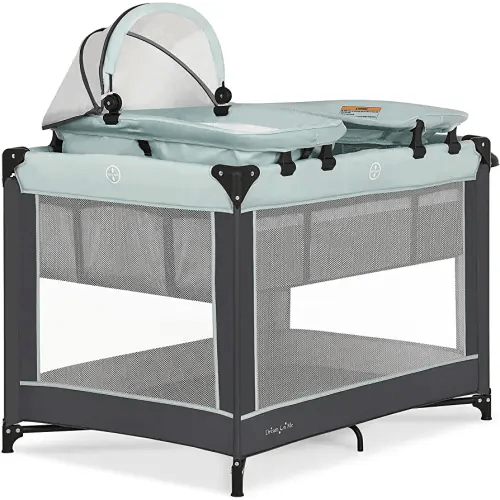 Dream On Me Lilly Deluxe-Playard in Green Bay with Full Bassinet, Changing Tray and Infant Bassinet | with Canopy | Waterproof Fabric | JPMA Certified | Lightweight