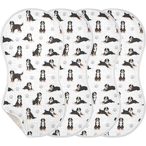 4 Pack Muslin Burp Cloths Bernedoodle Dogs White Cotton Baby Burp Cloths Ultra Absorbent and Soft Burping Cloth for Newborn Must Haves 22x11 Inch