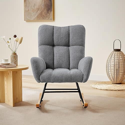 Rocking Chair Nursery, Teddy Glider with High Backrest, Nursery Rocker Comfortable Stylish Accent Armchair for Living Rooms Bedrooms (Grey Teddy)