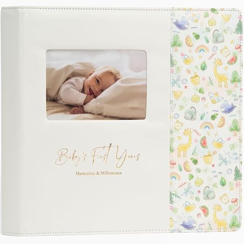 Keepsake Baby Memory Book Girl Boy – Timeless Leather-Bound Baby Milestone Book – Baby Book Keepsake Record First 5 Years – Gender Neutral Baby Scrapbook Album Baby Album Journal Registry Search Gift - Baby book + ink pads, pocket, stickers