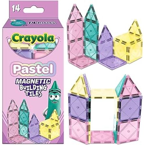 CreateOn Crayola Magnetic Tiles, Building Set for Kids, Magnetic Building Toys for Kids, STEM Travel, Gift for Boys and Girls Ages 3+, 14-Piece Set (Pastel)