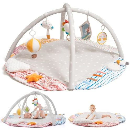 Baby Gym Play Mat, Tummy Time Mat & Pillow, Stage-Based 4 Zone Sensory & Motor Skills Development, Activity Mat with Learning Cards, Washable & Non-Slip, Play Mat for Baby to Toddler, Grey Rainbow