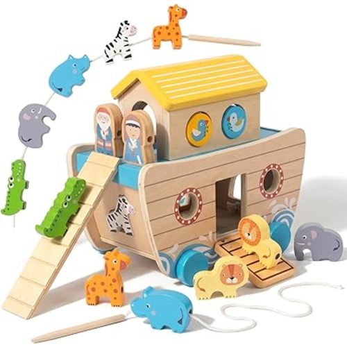 WOODENFUN Wooden Noah's Ark Toy for Toddlers, Baptism Christening Gift