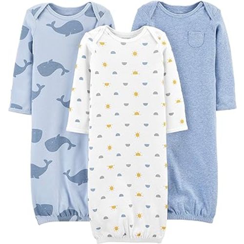 Simple Joys by Carter's Baby Boys' Cotton Sleeper Gown, Pack of 3 - Newborn - Heather/Stripe/Whales