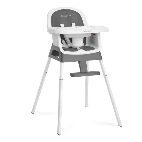 Dream On Me Curio Sit N Seek 3 in 1 Convertible Baby High Chair in Solid Grey, Removable and Adjustable Tray, Portable High Chair, Adjustable Legs, Detachable Footrest & 5 Point Safety Harness