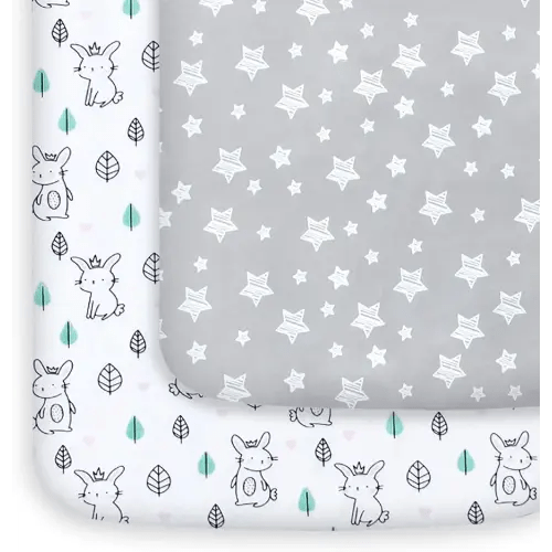Pack and Play Sheets, 2 Pack Mini Crib Sheets, Stretchy Playard Fitted Sheet, Compatible with Graco Pack n Play, Soft and Breathable Material, Stars & Bunny