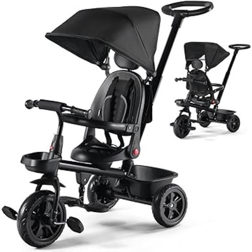 Kinder King Kids Tricycle, 6 in 1 Toddler Trike w/Adjustable Push Handle, Rotatable Seat, Adjustable Canopy, Safety Harness, Storage, Toddler Stroller Bike for 6 Months+,Black