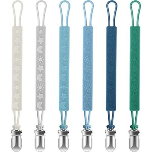 TenderBabe Silicone Pacifier Clip Holder for Baby Girls and Boys, Pack of 6 Soft Flexible Paci Binky Clips with One Piece Design