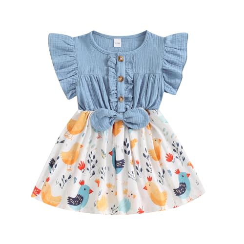 VISGOGO Toddler Baby Girl Dress Ruffle Sleeve Farm Chicken Print Summer Dresses 9 Months-4 Years