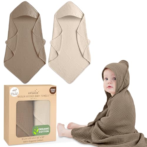 infancie Organic Cotton Muslin Baby Hooded Towels - 32x32 Inch, 2 Pack Newborn Bath Towels for Boys & Girls, Soft & Absorbent Bath Set (Olive/Ivory)