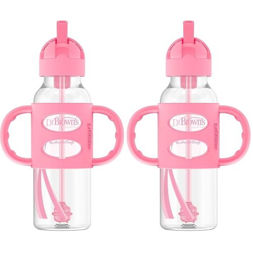Dr. Brown's Milestones Narrow Sippy Straw Bottle, Spill-Proof with 100% Silicone Handles and Weighted Straw, 8 oz/250 mL, Pink, 6m+ (Pack of 2)