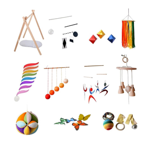Box of Montessori Mobile, Gobbi Mobile, Montessori Bell and Ring, Tactile Mobile, Octahedron Mobile, Ribbon Mobile, Rainbow Mobile
