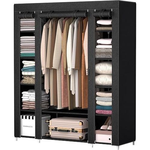 SANGMUCEN 59" Wardrobe Closet, Portable Closet, Clothes Storage Organizer,Clothes Rack,59" Wx 17.7" D x 68.9" H,Black