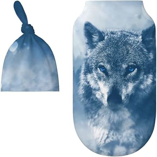 Snowfall Cold Wolf Animal Pattern Baby Newborn Swaddle Blanket with Beanie Hat Set, 100% Cotton Receiving Blankets Sleep Sack for Boy & Girl Newborn Shower Gift