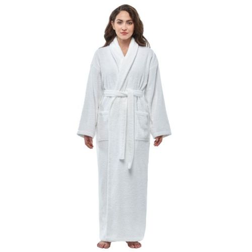 Arus Women's Full Length Turkish Terry Cotton Robe, Shawl Collar Long Bathrobe , White , Small/Medium