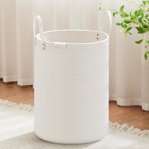 Tall Woven Laundry Basket, Leather Handle, 72L White