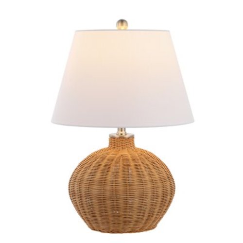 SAFAVIEH Juana 22 in. Coastal Nickel Rattan Table Lamp with White Cotton Shade