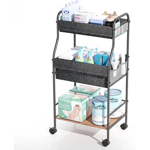 3-Tier Baby Diaper Caddy Cart with Dividers, Rolling Baby Diaper Caddy Organizer and Storage Nursery Cart, Large Capacity Metal Baby Organizer Bedside Cart for Baby Essentials (Black)