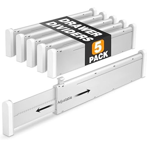 HiYZ Expandable Drawer Dividers - 12.6-22.8'' Adjustable Drawers Organizers for Kitchen Utensils, Drawer Separators in Bedroom, Dresser, Office, Bathroom, Fridge, 5 Pack Long Dividers-Gray