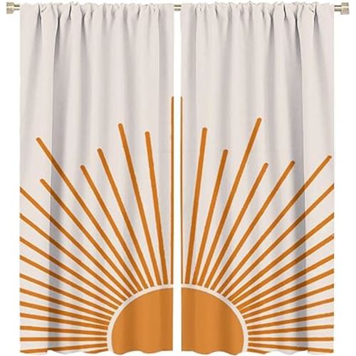 Boho Curtains Rustic Orange Sun Pattern Blackout Print Rod Pocket Window Drapes for Bedroom Living Room 63x72in