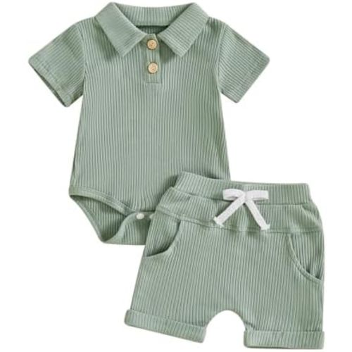 Ledy Champswiin Summer Newborn Baby Boy Girl Clothes Set Ribbed Outfits Unisex Infant Solid Short Sleeve Tops Shorts 2PCS