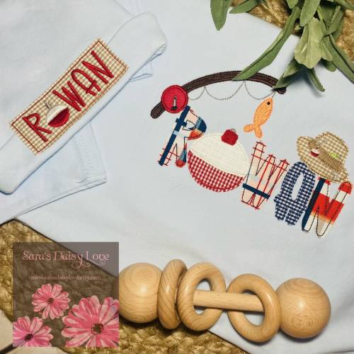 Personalized Fishing Baby Gown and Hat, Applique Name, Sara's Daisy Love