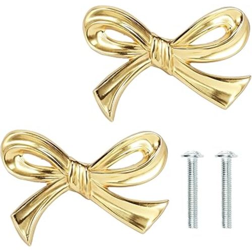 2 Pcs Gold Drawer Pulls Decorative Brass Bow Shape Cabinets Handle Vintage Dresser Knobs, Cabinet Hardware Cupboard Dresser Wardrobe and Drawer Pulls (2PCS)