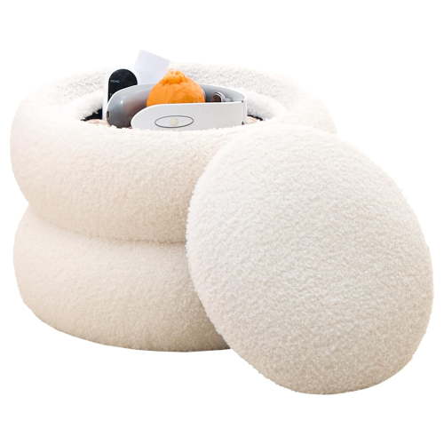 Mxfurhawa Boucle Cloud-Shaped Storage Ottoman, Teddy Velvet Round Footrest, Modern Decor Footstool with Tray, Versatile Small Table or Plant Stand for Hallways and Living Rooms White
