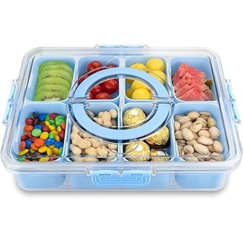Divided Serving Tray with Lid and Handle,8 Compartments Snacks Box,Snack Fruit Veggie Tray,Portable Platter for Candy Fruits Nuts Snack Party Entertaining Picnic (Blue)