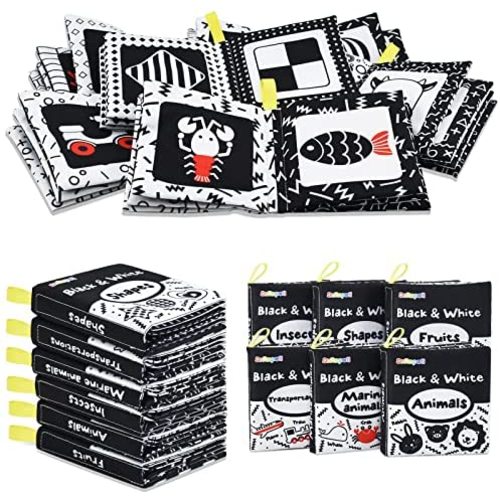 Dr.Rapeti Soft Cloth Book for Baby Infant Toddler Kids 6-Pack High Contrast Black and White Crinkle Washable Non-Toxic Early Educational Baby Book Bath Book