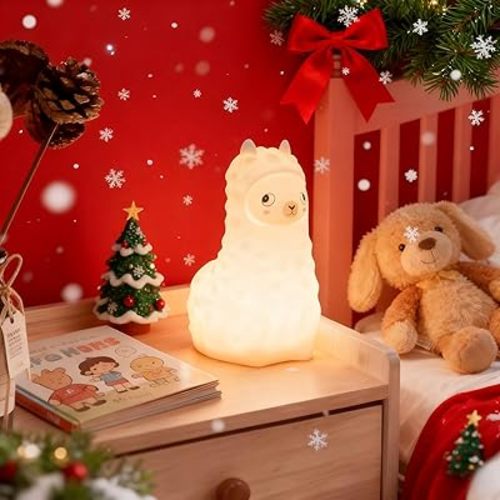 Cute Llama Night Light for Kids, Silicone LED Nursery Lamp with Soft Glow, Rechargeable Touch Control Bedside Lamp for Bedroom, Night Light Up Toddler Bed Rooms