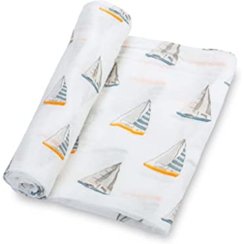 LollyBanks Muslin Swaddle Blankets, 100% Cotton Baby Swaddle Blanket for Boys and Girls, Large 47 x 47 Inches Infant Swaddle, Soft and Breathable Baby Receiving Blankets, Registry (Sailboat Print)