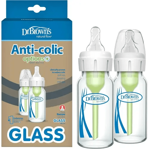 Dr. Brown's Anti-Colic Options+ Narrow Glass Baby Bottle with Level 1 Slow Flow Nipple, BPA-Free, 4 oz/120mL, 2-Pack