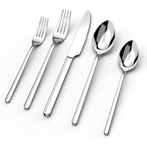 KINGSTONE 30 Pieces Silverware Set, Flatware Cutlery Set for 6, 18/10 Stainless Steel Silverware Utensils Minimalist Design Dishwasher Safe