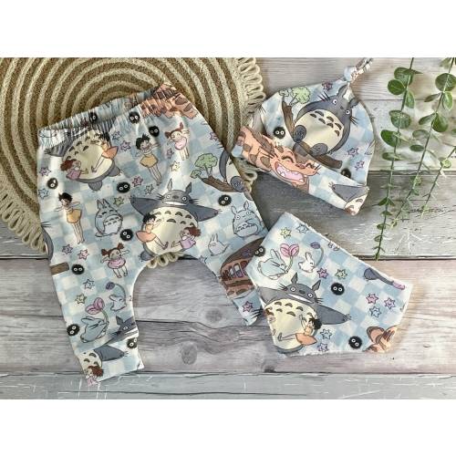 Totoro New Baby Gift Set, Baby gift set including Leggings Dribble Bib and Hat, Unisex Baby Shower Gift, Totoro and Catbus clothes