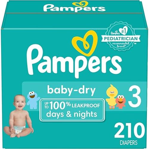 Pampers Baby Dry Diapers - Size 3, One Month Supply (210 Count), Absorbent Disposable Diapers