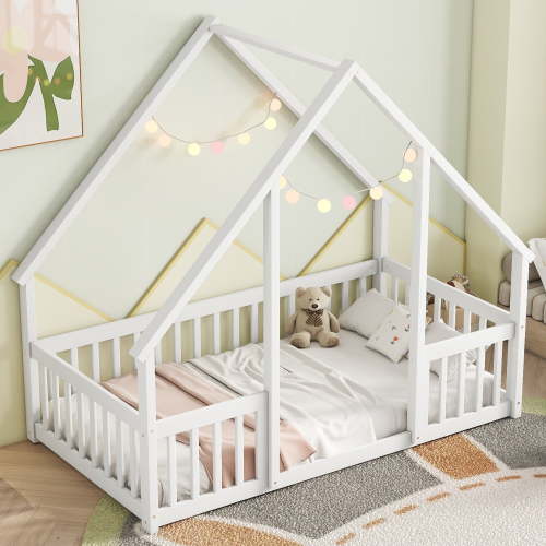 Kumix House-Shaped Floor Bed with Fence Guardrails and Roof, Twin Size Floor Bed Frame for Boys & Girls, Wooden Playhouse Bed Frame, Twin Floor Bed Montessori House Bed Frame, White