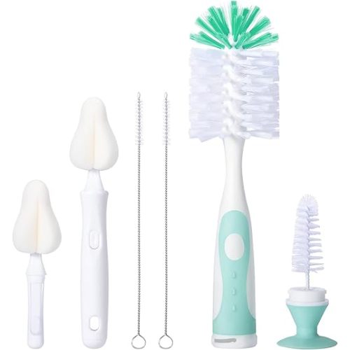 Baby Bottle Brush Set with Nipple Cleaner and Suction, 10.2" Cleaning Brush and 6.5" Sponge Bottle Brush with A Replacement Brush Head and Two 6.7" Straw Brushes, Pack of 5 (Green)