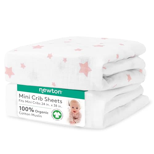 Newton Baby Mini Crib Fitted Sheets (2-Pack) | Organic Muslin Cotton, Breathable & Soft Baby Sheets, Machine Washable Baby Mattress Sheets, Fits Any Mini Sized Crib 24" x 38", Stardust Coral + White