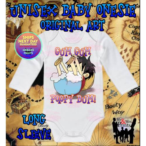 Baby Bodysuits and Bibs "Gum Gum Poopy Bum" Inspired Funny Pirate King Anime Short Sleeve Long Sleeve Bibs 100% Cotton Custom Anime Print