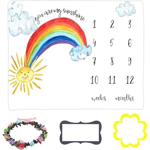 Baby Monthly Milestone Blanket Wreath and Frame, Rainbow Sun Photo Prop, Growth Photography Background, 47x40 inches, Polyester, Single Layered, Baby Blanket