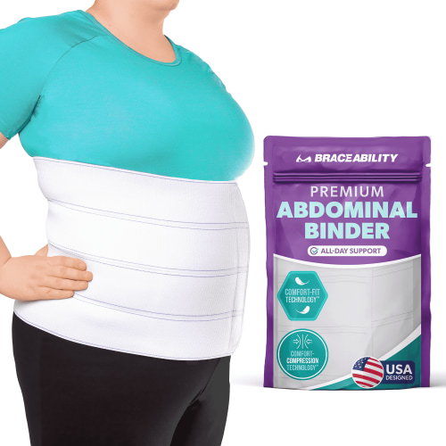BraceAbility Plus Size Abdominal Binder, Medical Compression Post-Surgery, Hernia, and Postpartum Support, White, 3X Large