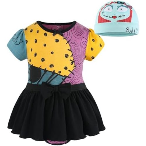 Disney Nightmare Before Christmas Sally Girls Bodysuit Dress and Cap Set for Newborn and Infant